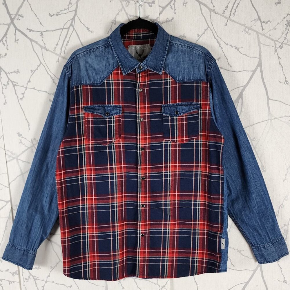 Airoldi Homme Chambray & Plaid Panel Button Front Shirt